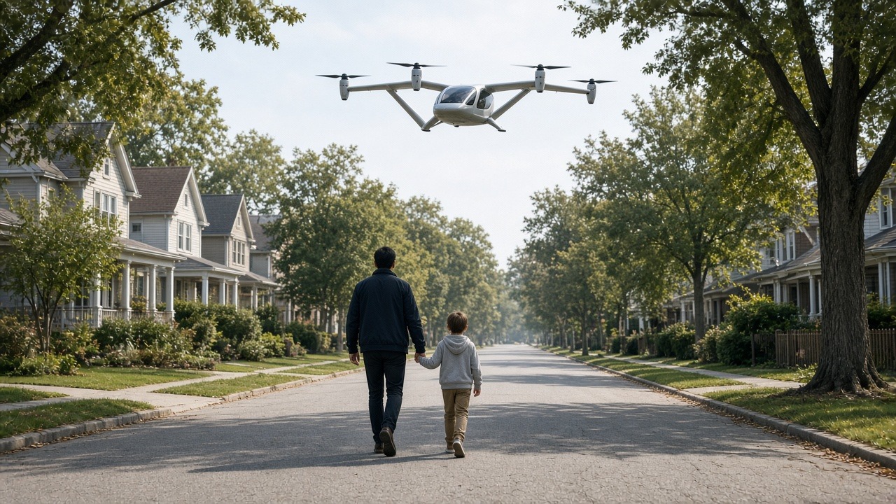 Adult and child on a street with a pale eVTOL overhead, design study